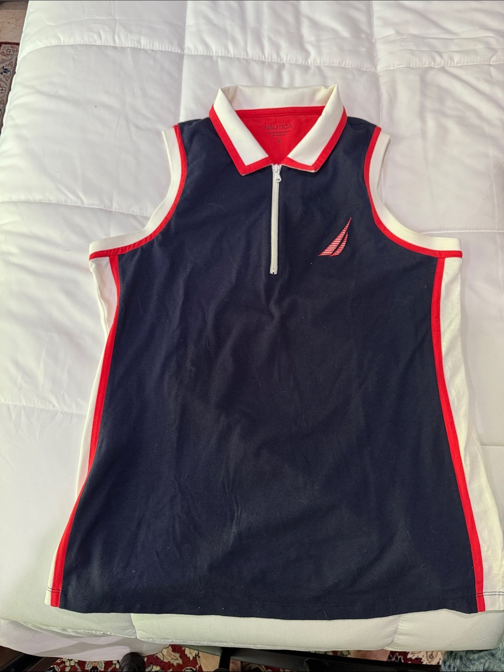 Nautica Women’s Navy Sleeveless Polo with Red and White Trim
